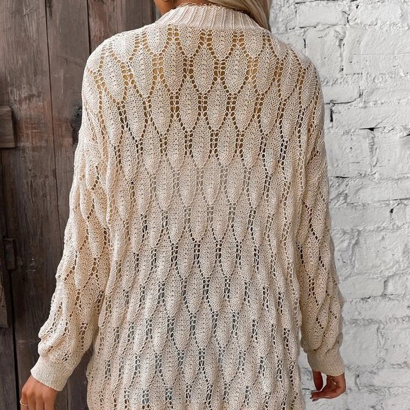 Apricot Casual Womens Pointelle Knit Drop Shoulder Duster Cardigan - Picture 2 of 5